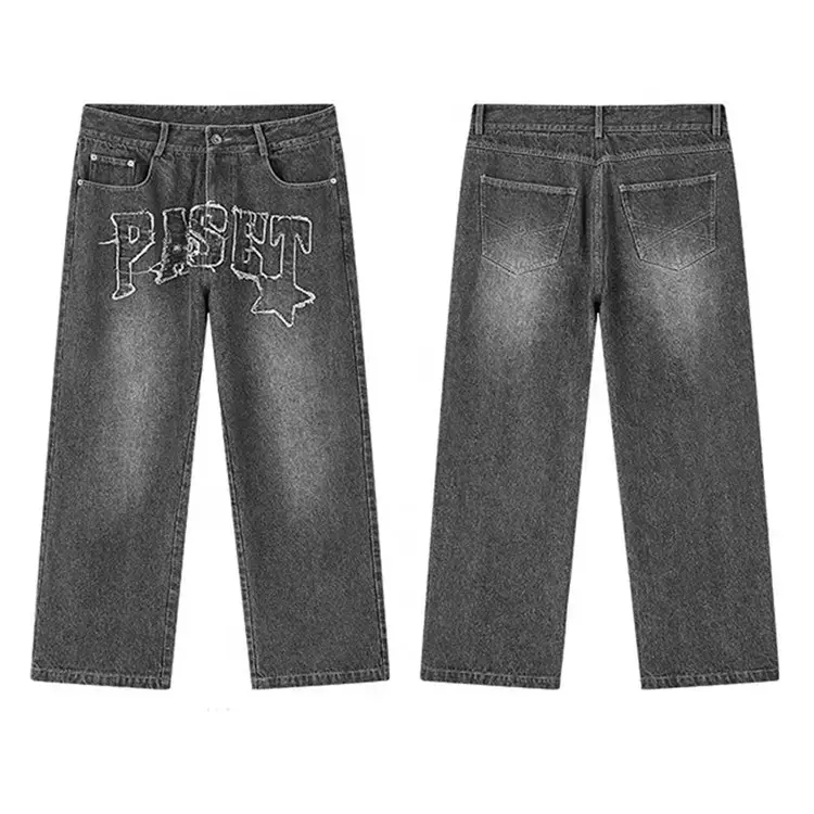 ZY Custom Logo Acid Wash Men Jeans Wide Leg Baggy Jeans Embroidery Patch Denim Pants Trousers For Men