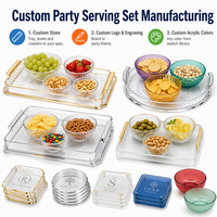 Plateau de service personnalisé en acrylique usiné CNC, bols, sous-verres, poignées dorées, décor transparent comme du cristal, services de fraisage et de perçage