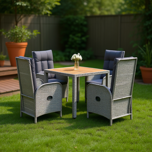 Ensemble de salle à manger de jardin en rotin PE gris pour l'extérieur, 4 places, table en teck, design contemporain, résistant aux intempéries - Product Image 2