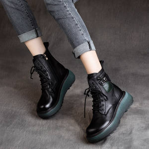 Nouvelles bottes Chukka en cuir de vachette style anglais, à bout rond, à lacets, à plateforme et à talon compensé pour l'automne - Product Image 4