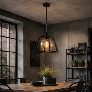 Luminaire suspendu en verre ambré avec globe en métal noir mat trapézoïdal, très vendu - Product Image 3