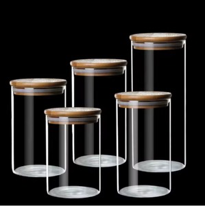 Frascos de vidrio para almacenamiento con tapas de madera, herméticos, de forma cilíndrica, diseño minimalista para almacenamiento de alimentos, tamaño S - Product Image 1