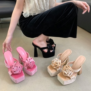 Pink Beige Black Flower Heeled Sandals <b>Platform</b> Chunky High <b>Heel</b> <b>Open</b> <b>Toe</b> Slip-On Summer Fashion Trend Women's Shoes - Product Image 1
