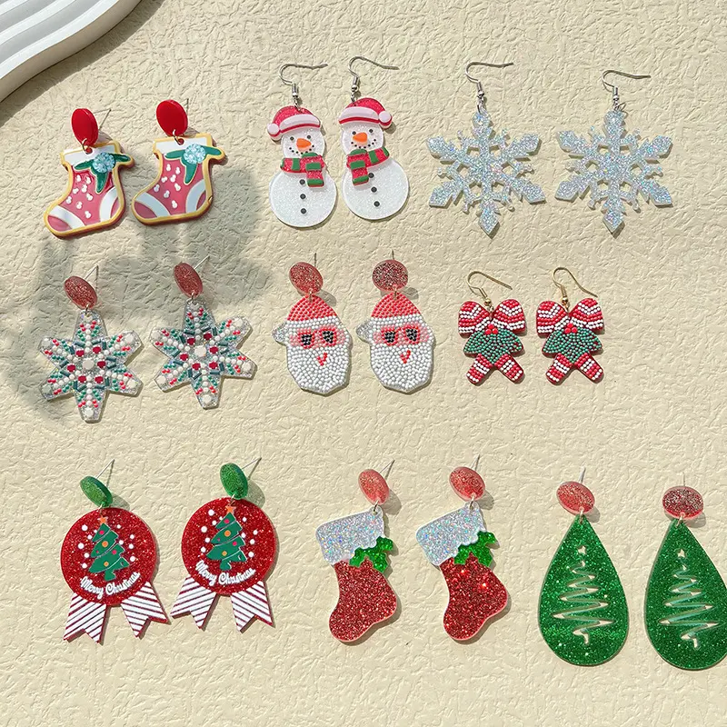 New Asymmetrical Christmas Tree Rice Bead Earrings For Women Cartoon Santa Claus Snowflake Christmas Acrylic Earrings