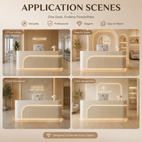 Comptoir d'accueil à panneaux cannelés avec éclairage LED, taille personnalisée, blanc crème, pour salon de beauté, spa, hôtel, bureau, avec armoires de rangement