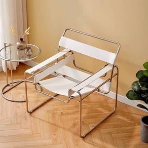 Fauteuil KD Constructivist en acier inoxydable avec cadre <span class=keywords><strong>tubulaire</strong></span> et assise en <span class=keywords><strong>cuir</strong></span> blanc pour loft urbain et bureau à domicile - Product Image 4