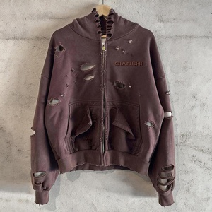 Sudadera con capucha de algodón 100% con bordado y efecto desgastado, estilo streetwear, doble capa tipo gofre, con cremallera, premium, oversize para hombre, con lavado ácido. - Product Image 1