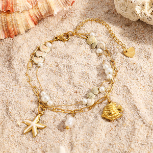 Bracelet à double chaîne sur le thème de l'océan, coquillages, pendentif étoile de mer plaqué or 18 carats, style bohème, bijoux de plage - Product Image 2