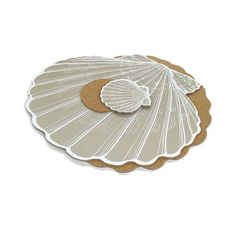 Novo Design Eco-Friendly Tabela Tischsets Decoração Cozinha Acessórios Mdf Cork Shells Coaster E Casamento Placemat