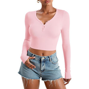 <b>Women's</b> Summer Loose Fit Half Sleeve Cropped <b>Henley</b> T-<b>Shirt</b> 100% Cotton Breathable OEM ODM Supplier Custom Color Logo High - Product Image 4