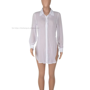 Camisa de Gasa Transparente de Manga Larga con Abertura Lateral, Color Sólido, Estilo Casual, para Mujer, en Oferta - Product Image 3