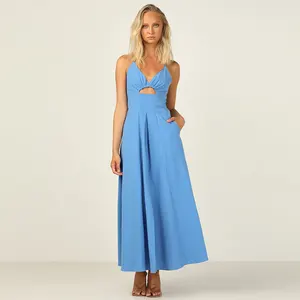 Dây Đeo Chéo Có Thể Điều Chỉnh V Đường Viền Cổ Áo Cutout Bust Side Pocket Mặt Trước Chia Maxi