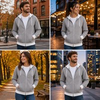 Sweat à capuche gris entièrement zippé avec poignets et ceinture côtelés contrastants blancs, poches obliques, personnalisable vierge
