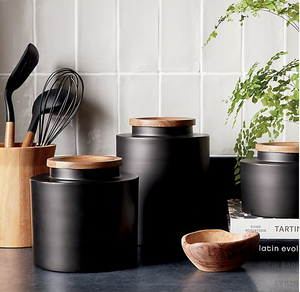 Wholesale matte black kitchenware kitchen storage jars tea coffee sugar canisters with wood lid
