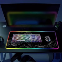 Tapis de souris de jeu RGB avec motif de vague japonaise, grande taille étendue, base en caoutchouc antidérapante, tapis de souris LED pour PC et jeux
