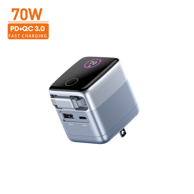New Trend 70W GaN Charger Built-in Retractable Cable Smart Screen Display Foldable Plug Global Plugs Travel Adapters L FCC CE