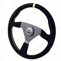 Volant en daim 14 pouces 340 mm universel JDM Tuning Drift Racing avec surpiqûres rouges et bleues, à rayons plats, pour voiture de sport et simulation de rallye