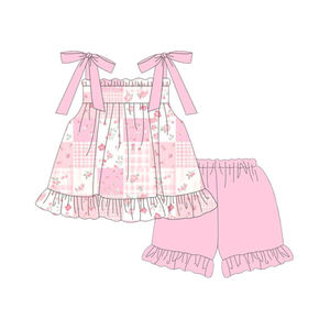 Preventa al por mayor: Ropa infantil de verano para niñas, de algodón orgánico, con estampado de flores rosas y cuadros, estilo boutique Trendyism. Pedido mínimo 5 unidades. - Product Image 1