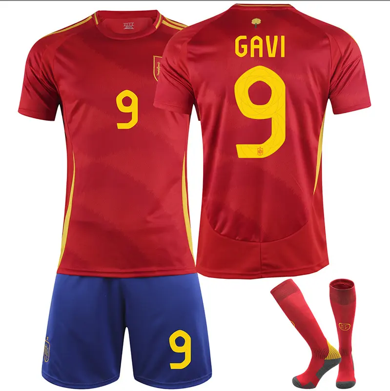 25-25 Spanien Heim thailändische Qualität Fußballtrikots mit Fußballsocken individueller Name Fußballbekleidung Schlussverkauf CAVI#9