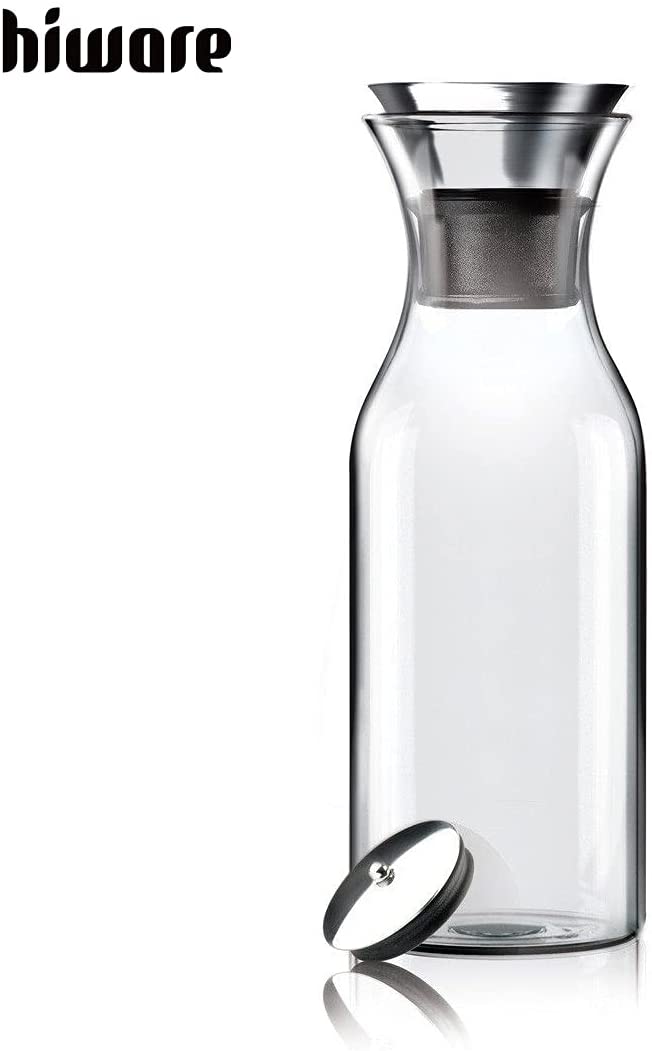 35 Oz Glass Carafe with Stainless Steel Silicone Flip-top Lid Glass Water Pitcher Fridge Ice Tea Maker