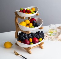 Support en bois de bambou à 3 niveaux avec bol à fruits en céramique plateau à collation et à Dessert pour support de stockage de légumes de cuisine