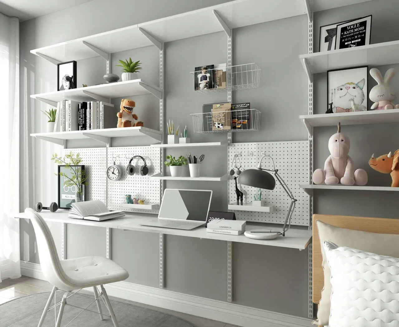 Nordischer Stil Arbeitszimmer und Make-Up-Zimmer Schrank Draht Regal hängende Theke mit Pegboard & Holzbrett