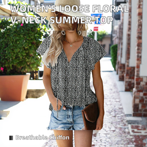 Camisa Casual de Chifón de Alta Calidad para Mujer, Transpirable, Holgada, con Estampado Floral, Cuello en V, Manga Corta, Talla XL, Top de Verano - Product Image 2