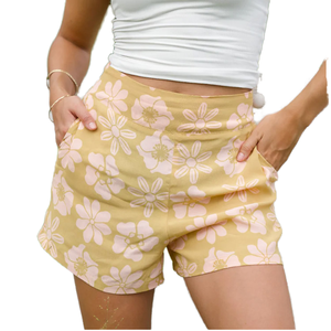 Shorts taille haute à imprimé floral pour femme, coupe décontractée évasée, en mélange lin-coton, idéal pour l'été et la plage - Product Image 1