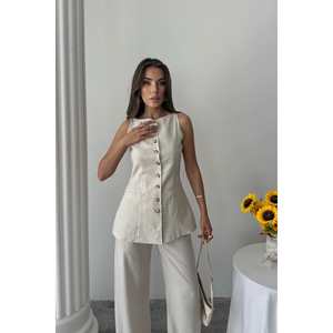 Conjunto de chaleco y pantalón de lino para mujer, sin mangas, pantalón de pierna ancha, atuendo informal, estilo veraniego - Product Image 5