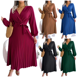 Europa Venta caliente de las mujeres de la nueva moda de manga larga con cuello en V vestido plisado elegante Casual Color sólido cinturón de encaje para el verano - Product Image 2