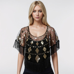Sciarpa con Frange di Paillettes Argento, Mantella Nera in Rete Trasparente Stile Anni '20, Coprispalle per Feste a Tema Grande Gatsby, Vendita all'Ingrosso OEM - Product Image 2
