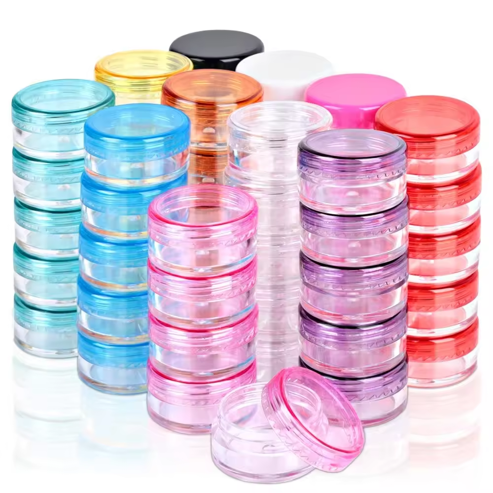 empty 3g/5g transparent plastic cosmetic sample jars with colored lids