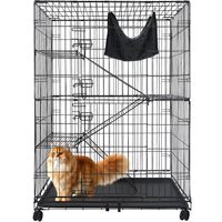 Cage pour chat simple en fil métallique noir épais avec portes à double accès, hamac suspendu, étagères multi-niveaux, échelle d'escalade et roulettes