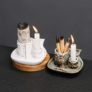 Support d'encens en bois sacré péruvien American Owl Sage, plateau à bougie en céramique effet four, design hibou cylindrique, fait main - Product Image 3