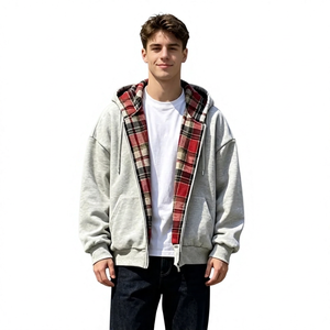 Sweat-shirt à capuche gris surdimensionné pour homme, style décontracté, doublure en polaire à carreaux - Product Image 1