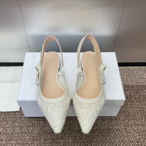 Sandalias de tacón de mujer con punta fina francesa, diseño de lazo bordado jacquard y bloques de color, estilo slip-on, tendencia de moda - Product Image 1