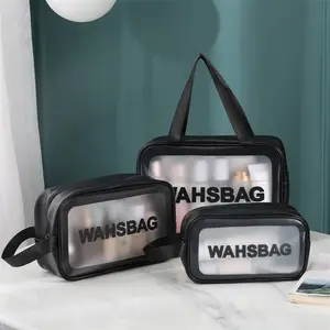 Bolsa de cosméticos personalizada, maquiagem grande transparente rosa de vinil à prova d'água com zíper, bolsa de higiene pessoal em pvc com zíper