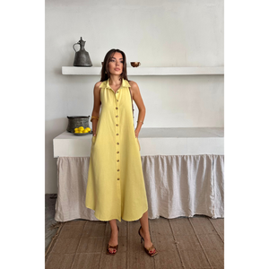 Robe en lin sans manches à col chemise, jaune, décontractée, longueur midi, taille S - Product Image 2