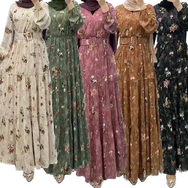 2024 Mới Đến Thời Trang Hồi Giáo Váy Phụ Nữ Hoa Cao Cổ Dài Dresses Abaya Cho Trung Đông Dubai