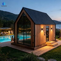 Cabane de glamping modulaire noire en forme de A, petite maison préfabriquée en bois avec grande fenêtre vitrée, villa de vacances préfabriquée pour station balnéaire