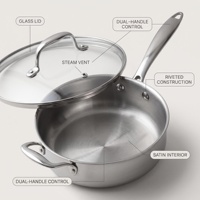 Poêle à frire profonde en acier inoxydable 3 plis de 24 cm avec couvercle en verre, compatible induction, pour la maison et la restauration (vente en gros)