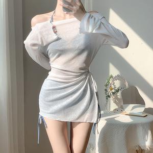 ชุดว่ายน้ำแบบเปิดไหล่สำหรับผู้หญิง 3 ชิ้น สีฟ้าเทา ดีไซน์ไม่สมมาตร สำหรับการว่ายน้ำและกีฬาทางน้ำ - Product Image 2