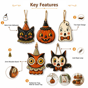 Ensemble d'ornements en <span class=keywords><strong>bois</strong></span> vintage rétro pour Halloween, étiquettes suspendues en <span class=keywords><strong>bois</strong></span>, décoration murale pour arbre d'Halloween, plateau à étages, cadeau - Product Image 2
