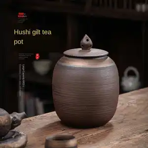 Hu shi té hecho a mano cerámica gruesa retro Pu'er jarra de té de hierro de oro esmalte sellada grande de cerámica, tarro de almacenamiento
