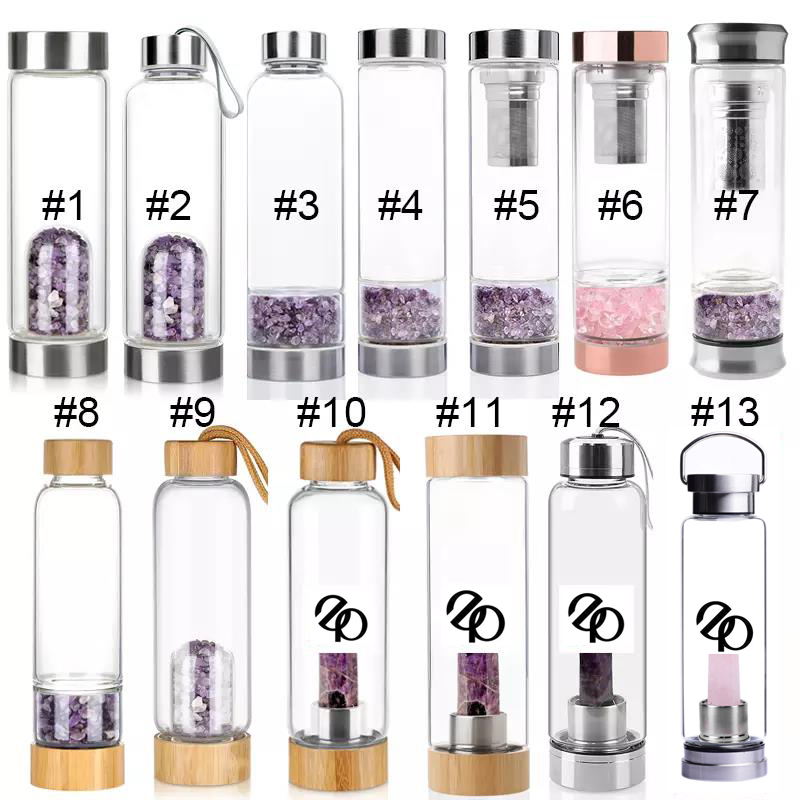 Custom Top Kwaliteit Custom Logo Healing Energy Crystal Bamboe Glas Roségouden Waterfles Kristal Infused Elixer Waterfles