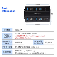 KDATA Hub USB 3.0 Industrial de 10 Puertos, 12V5A 60W, Adaptador de Corriente Externo, Montaje en Pared de Aleación de Aluminio, para Copia Masiva de Discos USB