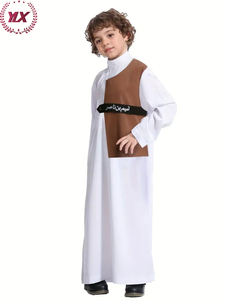 Abaya Artigianale Unica per Ragazzi Musulmani, Base Bianca con Finiture Marroni, in Poliestere, Lunghezza alla Caviglia, Maniche Lunghe per Piccoli Gentiluomini - Product Image 2