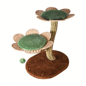 Arbre d'activités élégant pour chat à motif floral, plateforme en fleurs tressées naturelles, coussin moelleux, griffoir en sisal, balle de jeu interactive suspendue - Product Image 4
