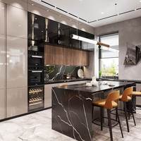Armoire de cuisine intelligente de luxe CBMmart, finition bois massif, îlot incurvé, armoire ouverte, plan de travail en quartz