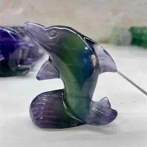 60mm Engraving Products Spiritual Crystal Carfts Natural Fluorite Crystal Dolphin Figurines For Gift